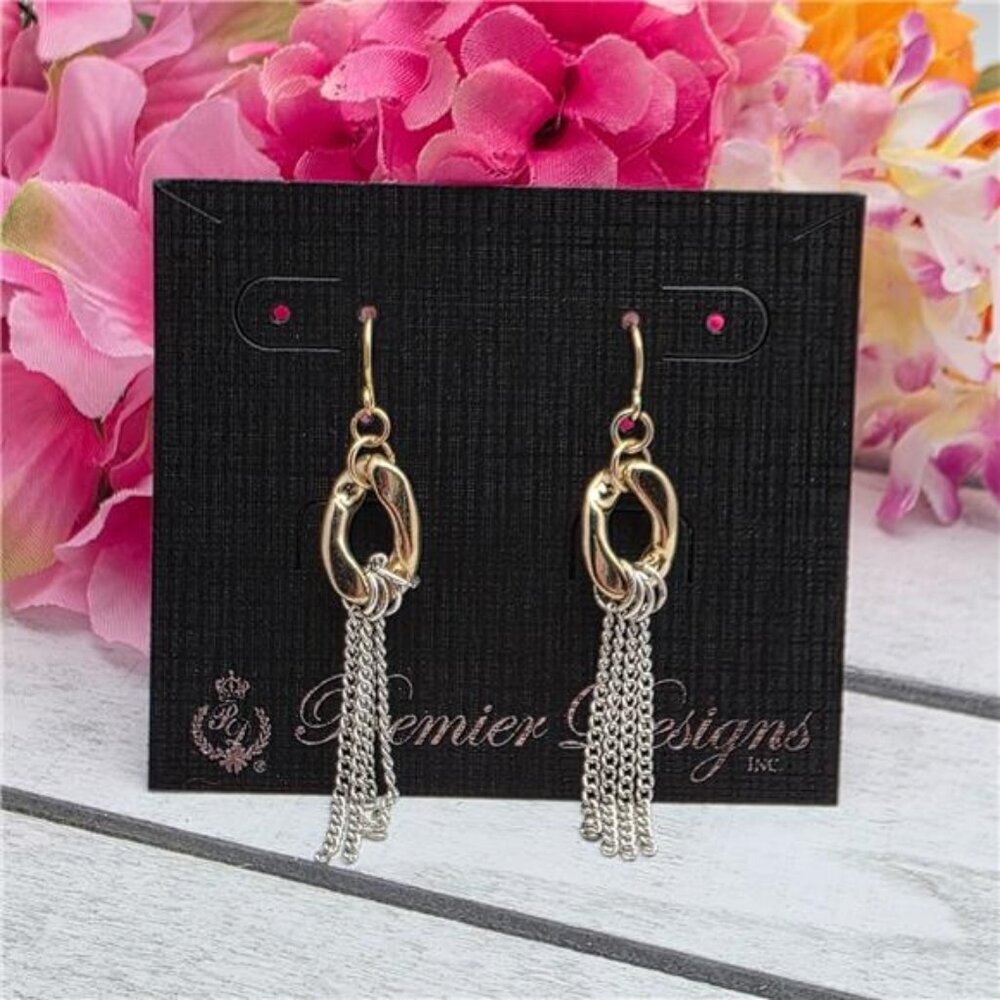 Premier Designs Two Tone Chain Tassel Drop Earrings Gold Silver Tone 1.5 In